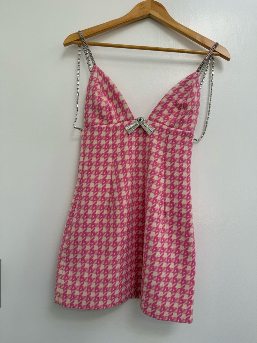 AREA Pink and White Tweed Dress with Silver Chain Detail - Picture 6 of 10